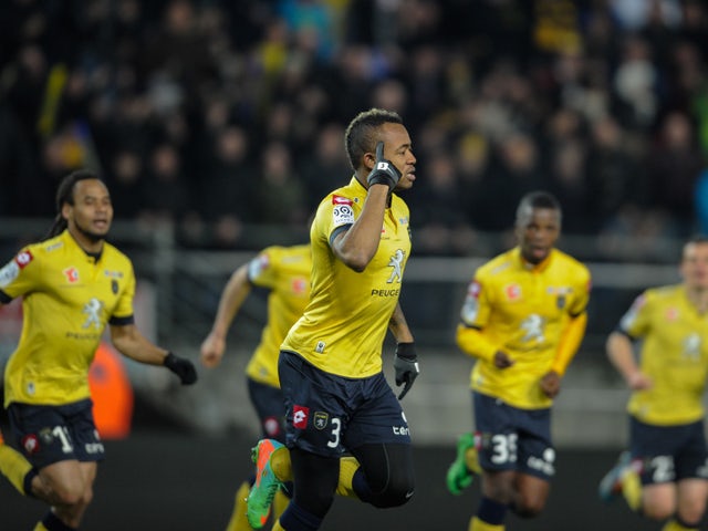 Sochaux French forward Jordan Ayew celebrates after scoring a goal during the French L1 football match between FC Sochaux (FCSM) and Girondins de Bordeaux (FCGB) on March 1, 2014