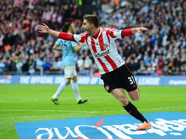 Fabio Borini of Sunderland celebrates scoring the opening goal during the Capital One Cup Final between Manchester City and Sunderland at Wembley Stadium on March 2, 2014
