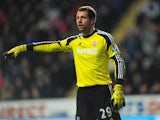 Stoke goalkeeper Thomas Sorensen in action during the Barclays Premier League match between Newcastle United and Stoke City at St James' Park on December 26, 2013
