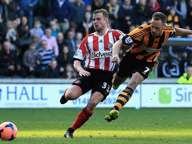 Hull's David Meyler scores his team's second goal against Sunderland during their FA Cup quarter-final match on March 9, 2014
