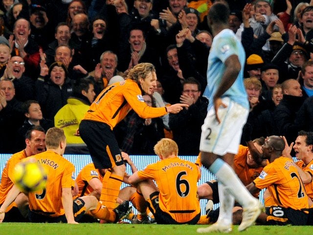 Jimmy Bullard celebrates his goal for Hull City against Manchester City on November 28, 2009.