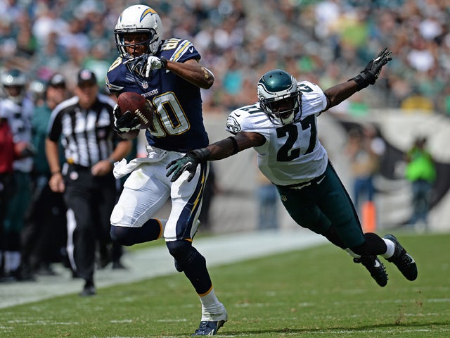 Wide receiver Malcom Floyd #80 of the San Diego Chargers catches a pass past cornerback Brandon Hughes #27 of the Philadelphia Eagles in the second quarter at Lincoln Financial Field on September 15, 2013