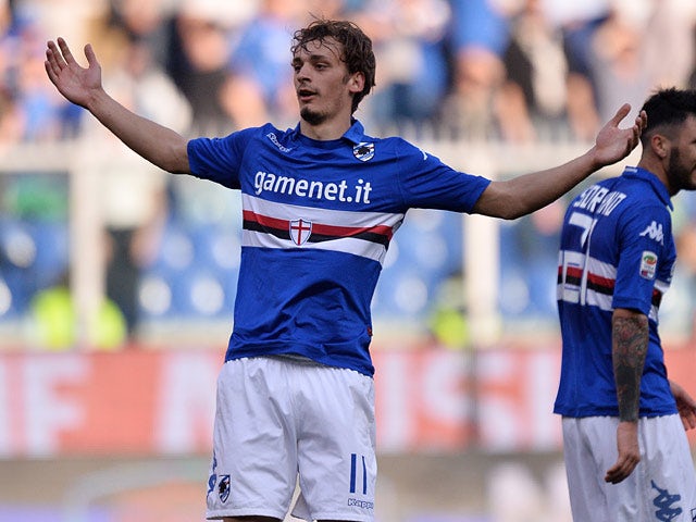 Sampdoria's Manolo Gabbiadini celebrates after scoring his team's fourth goal against Livorno during their Serie A match on March 9, 2014
