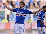 Sampdoria's Manolo Gabbiadini celebrates after scoring his team's fourth goal against Livorno during their Serie A match on March 9, 2014