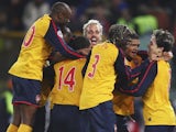 Arsenal players celebrate their win over Roma on penalties on March 11, 2009.