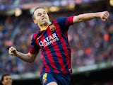 Andres Iniesta of FC Barcelona celebrates after scoring his team's third goal during the La Liga match between FC Barcelona and CA Osasuna at Camp Nou on March 16, 2014