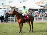 Barry Geraghty celebrates after riding More Of That to victory in the Ladbrokes World Hurdle on St Patrick's Thursday of the Cheltenham Festival at Cheltenham Racecourse on March 13, 2014