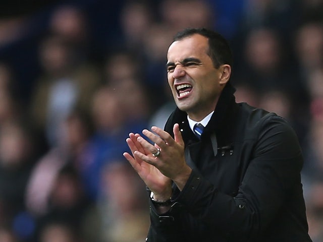 Everton manager Roberto Martinez shows his emotions during the Barclays Premier League match between Everton and Cardiff City at Goodison Park on March 15, 2014