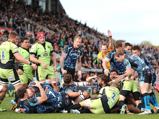 Exeter Chiefs team celebrate try by Ben White during the LV= Cup Final match between Exeter Chiefs and Northampton Saints at Sandy Park on March 16, 2014