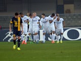 Rodrigo Palacio of Internazionale Milano is mobbed by team mates after scoring his team's opening goal of the game during the Serie A match between Hellas Verona FC and FC Internazionale Milano at Stadio Marc'Antonio Bentegodi on March 15, 2014