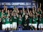 Brian O'Driscoll and captain Paul O'Connell of Ireland celebrate with their team-mates as they lift the trophy after winning the six nations championship with a 22-20 victory over France during the RBS Six Nations match between France and Ireland at Stade