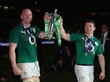 Captain, Paul O'Connell of Ireland and Brian O'Driscoll celebrate with the Six Nations Championship during the RBS Six Nations match between France and Ireland at Stade de France on March 15, 2014