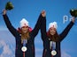 Jade Etherington and Guide Caroline Powell of Great Britain celebrates winning Silvier in the Women's Slalom - Visually Impaired on March 12, 2014