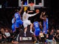 Pau Gasol of the Los Angeles Lakers (#16) drives to the hoop under pressure from Kevin Durant (#34), Hasheem Thabeet (#34), Reggie Jackson (#15) and Serge Ibaka (R) of the Oklahoma City Thunder during their NBA matchup at Staples Center in Los Angeles, Ca