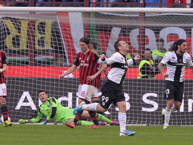 Antonio Cassano of Parma FC #99 celebrates scoring the second goal during the Serie A match between AC Milan and Parma FC at San Siro Stadium on March 16, 2014