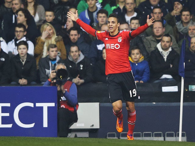 Benfica's Rodrigo Moreno celebrate after scoring the opening goal against Tottenham during their Europa League match on March 13, 2014