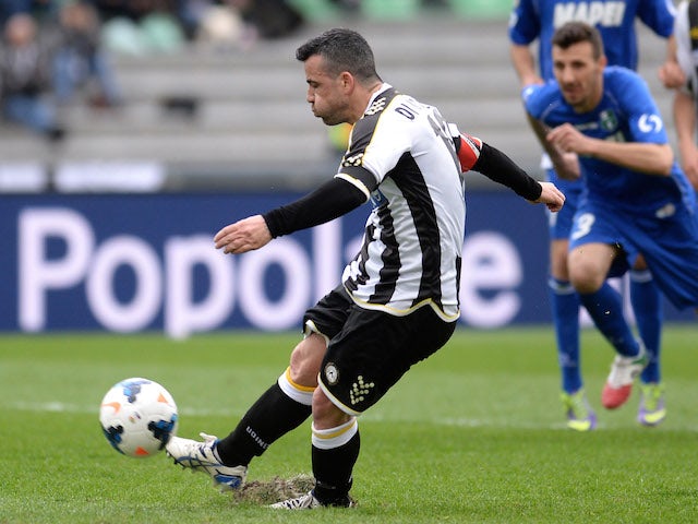 Antonio Di Natale of Udinese Calcio missing a penalty kick during the Serie A match between Udinese Calcio and US Sassuolo Calcio at Stadio Friuli on March 23, 2014