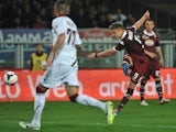 Ciro Immobile of Torino FC scored his third goal during the Serie A match between Torino FC and AS Livorno Calcio at Stadio Olimpico di Torino on March 22, 2014
