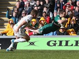 David Mele of Leicester dives over for a try during the Aviva Premiership match between Leicester Tigers and Exeter Chiefs at Welford Road on March 23, 2014