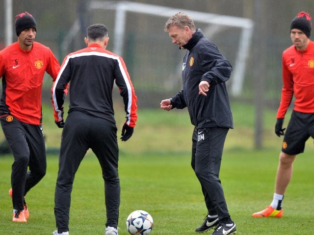 David Moyes trains with his Manchester United team on March 18, 2014.