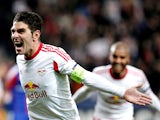 Jonatan Soriano of FC Salzburg celebrates after the first goal during the UEFA Europa League Round of 16 match between FC Salzburg and FC Basel 1893 at Stadion Salzburg on March 20, 2014