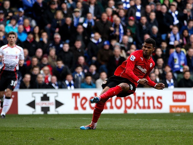 Fraizer Campbell of Cardiff scores his team's second goal of the game during the Barclays Premier League match against Liverpool on March 22, 2014