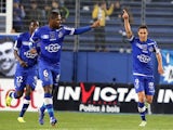 Bastia's Belgian forward Gianni Bruno (R) celebrates after scoring a goal during the French L1 football match between Sporting Club de Bastia (SCB) and Stade de Reims on March 22, 2014