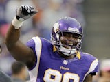 Letroy Guion #98 of the Minnesota Vikings celebrates during the game against the Tennessee Titans on October 7, 2012 