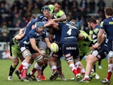 Sale Sharks' Michael Paterson passes back from a maul during the Aviva Premiership match against Northampton Saints on March 22, 2014