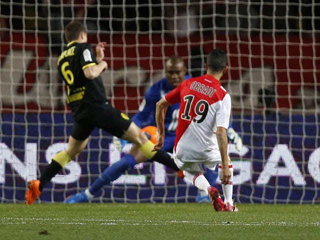 Monaco's Mounir Obbadi scores the opening goal against Lille in the Ligue 1 match on March 23, 2014