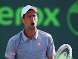 Novak Djokovic of Serbia celebrates a point against Jeremy Chardy of France during their match on day 5 of the Sony Open at Crandon Park Tennis Center on March 21, 2014