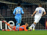 Nabil Ghilas of FC Porto scores their first goal during the UEFA Europa League Round of 16 match between SSC Napoli and FC Porto at Stadio San Paolo on March 20, 2014