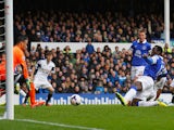 Romelu Lukaku of Everton scores his team's second goal during the Barclays Premier League match between Everton and Swansea City at Goodison Park on March 22, 2014
