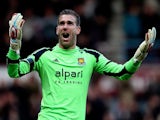 Adrian of West Ham celebrates after Kevin Nolan scored West Ham's third goal of the game during the Barclays Premier League match between West Ham and Southampton at Boleyn Ground on February 22, 2014