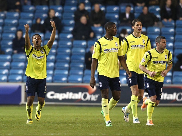 Jordan Ibe of Birmingham celebrates after scoring this team's first goal during the Sky Bet Championship match between Millwall and Birmingham City at The Den on March 25, 2014