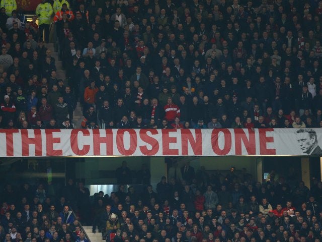 A general shot of the David Moyes banner at Old Trafford on March 25, 2014.