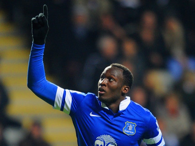 Romelu Lukaku of Everton celebrates scoring their second goal during the Barclays Premier League match between Newcastle United and Everton at St James' Park on March 25, 2014