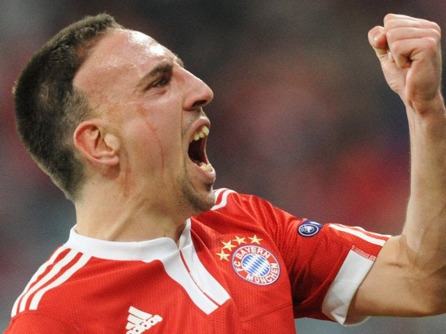 Bayern Munich's Franck Ribery celebrates scoring against Manchester United on March 30, 2010.