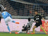 Josè Maria Callejon of Napoli scores the opening goal during the Serie A match between SSC Napoli and Juventus at Stadio San Paolo on March 30, 2014