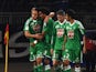 St Etienne's Mevlut Erding, Brandao, Fabien Lemoine and Benoit Tremoulinas celebrate after Erding opened the scoring during the French L1 football match between Olympique Lyonnais (OL) vs Saint-Etienne (ASSE) at the Gerland stadium in Lyon, central easter