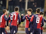 Nene of Cagliari celebrates with team-mates after scoring 1-0 during the Serie A match between Cagliari Calcio and Hellas Verona FC at Stadio Sant'Elia on March 26, 2014