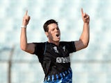 New Zealand bowler Mitchell McClenaghan celebrates the wicket of Netherlands batsman Wesley Barresi during the ICC World Twenty20 tournament cricket match between Netherlands and New Zealand at The Zahur Ahmed Chowdhury Stadium in Chittagong on March 29, 