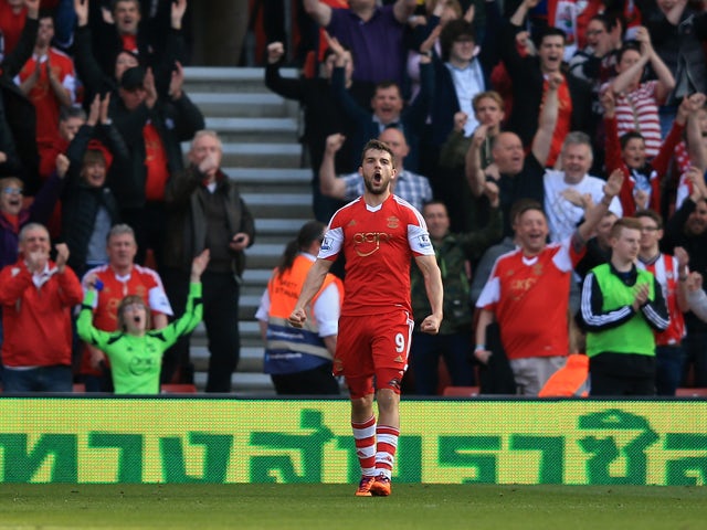 Jay Rodriguez of Southampton celebrates after scoring his team's fourth goal during the Barclays Premier League match between Southampton and Newcastle United at St Mary's Stadium on March 29, 2014