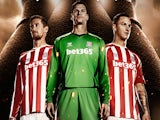 Peter Crouch, Asmir Begovic and Marco Arnautovic model the 2014/15 Stoke City home shirt, sponsored by Warrior Sports