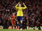 Ki Sung-Yeung of Sunderland celebrates scoring his team's first goal during the Barclays Premier League match between Liverpool and Sunderland at Anfield on March 26, 2014