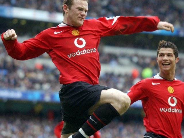 Wayne Rooney celebrates scoring against Manchester City on February 13, 2005.