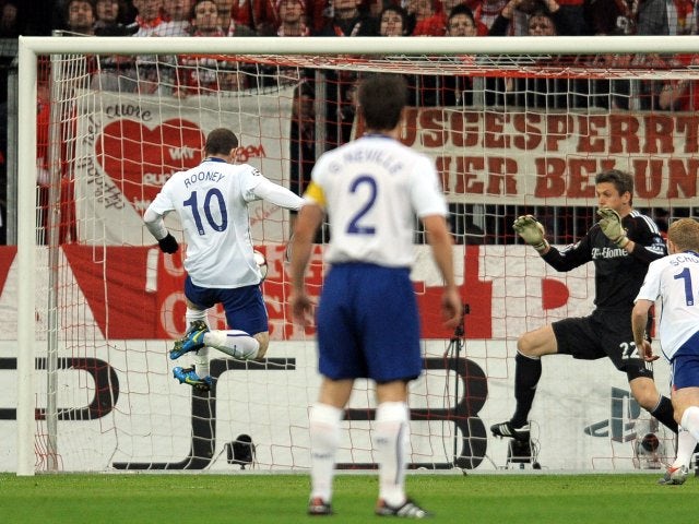 Manchester United's Wayne Rooney scores against Bayern Munich on March 30, 2010.