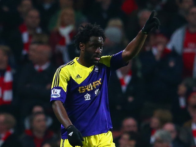 Wilfried Bony of Swansea City celebrates scoring the opening goal during the Barclays Premier League match between Arsenal and Swansea City at Emirates Stadium on March 25, 2014