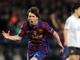 Barcelona's Argentinian forward Lionel Messi celebrates scoring against Arsenal during the Champions League quarter-final second-leg match at Camp Nou stadium in Barcelona on April 6, 2010