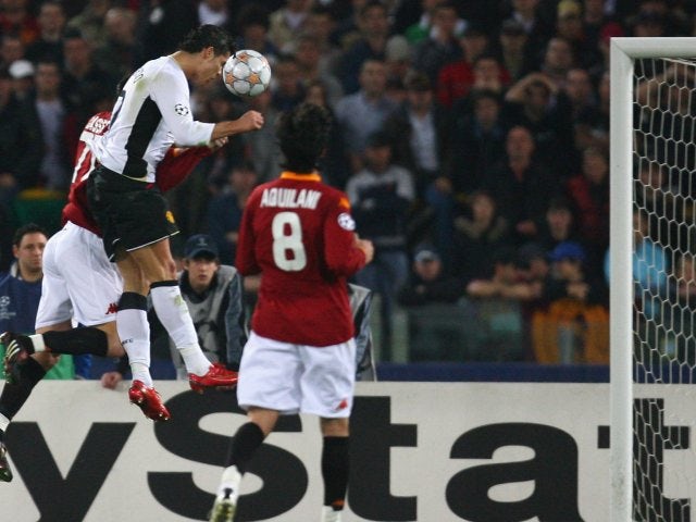Cristiano Ronaldo heads Manchester United in front against Roma on April 1, 2008.